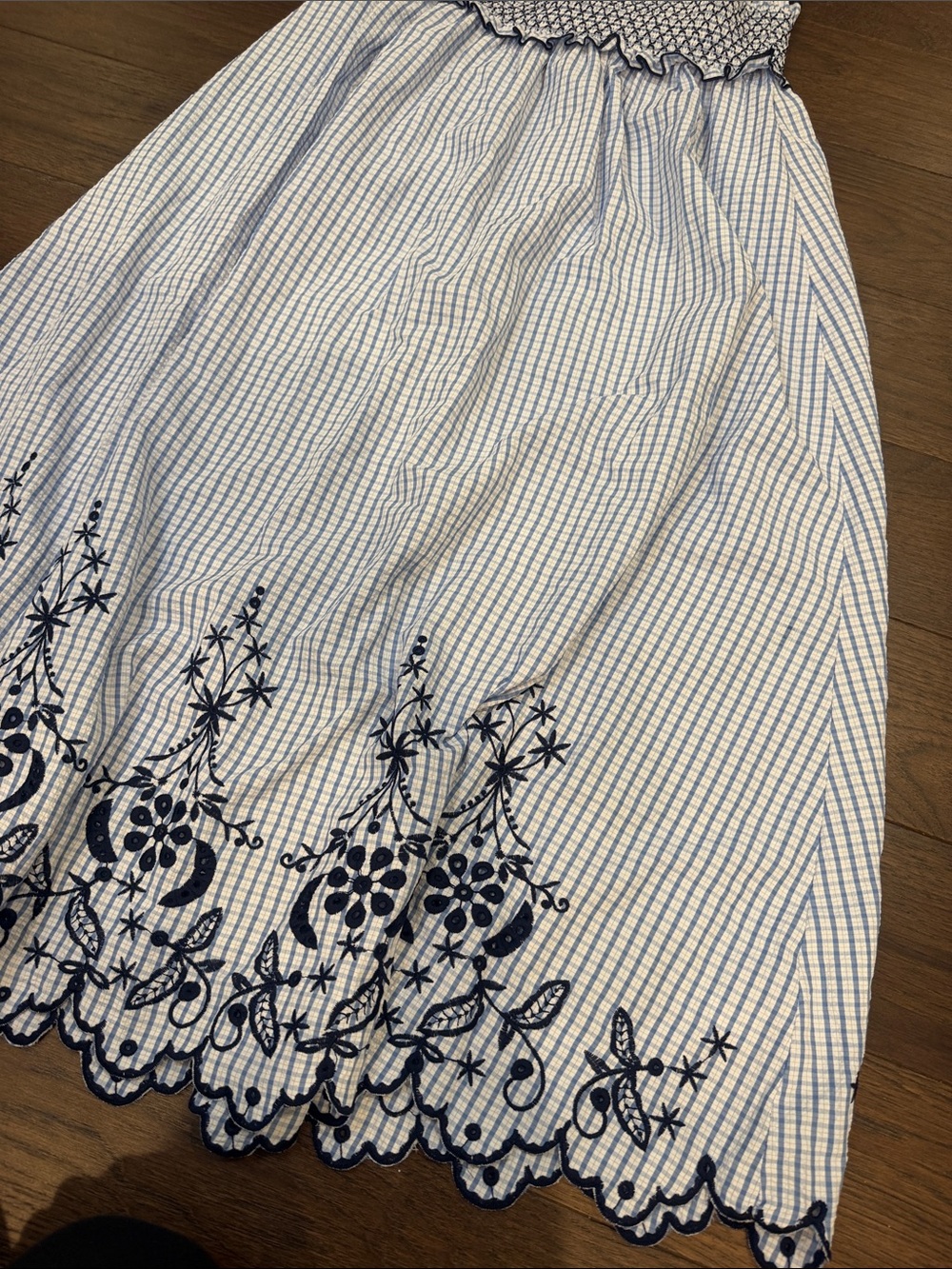 Zara Blue and White Embroidered Smocked Midi Skirt Medium NWT - Picture 7 of 9